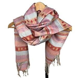 Boho Thailand Scarf Shawl Wrap Fringe Tassel Purple Pink Blue Stripe Peasant New